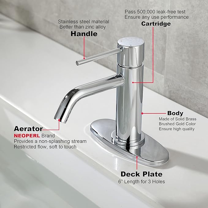 Bathroom Faucet Chrome Single Hole, JXMMP Single Handle Bathroom Faucets for Sink with Pop Up Drain Assembly and 6 inch Deck Plate