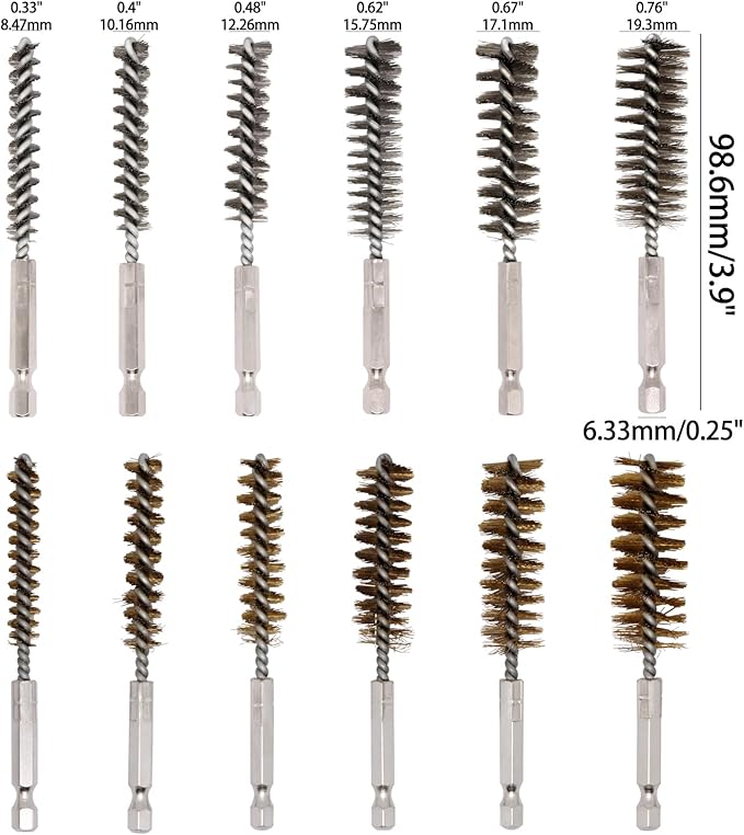 12pcs Bore Brush for Drill, 1/4" Hex Shank Stainless Steel Twisted Wire Brush for Drill, Bristle Round Wire Brush with Different Sizes, Tube Pipe Cleaner for Rust (Diameter 8,10,12,15,17,19mm)