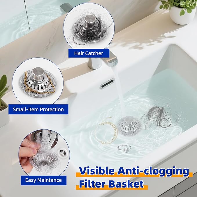 Universal Bathtub Drain Stopper Shower Hair Catcher Bathroom Sink Strainer, Tub Stopper with Visible Top Strainer, Brass Metal 3 in 1 Stopper for Standard 1.1''~2.36'' Hole, Transparent Edge, Chrome