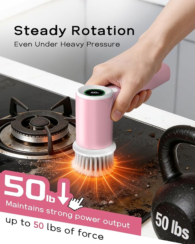 PUFTEM Electric Spin Scrubber for Bathroom Cleaning, Cordless Shower Scrubber with 6 Brush Heads, Dual-Direction Rotation, Handheld Cleaning Brush for Grout, Tile, Tub, Sink & Corners, Pink