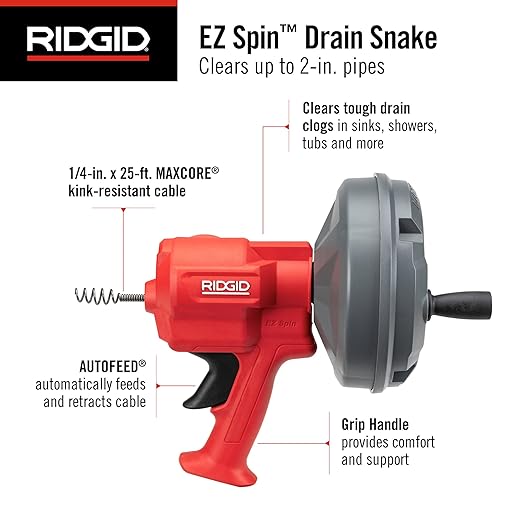 RIDGID 80168 EZ Spin™ Drain Snake for Tubs, Showers, and Sinks, Drain Cleaner with AUTOFEED, MAXCORE Cable