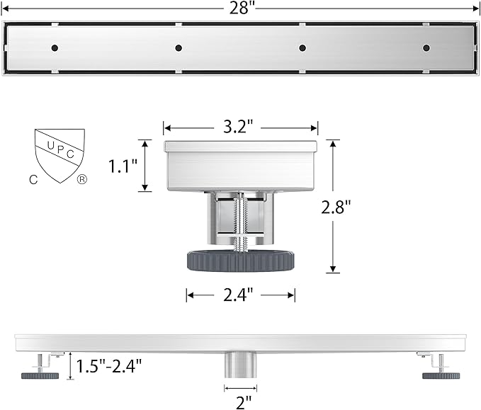 Sharpeye 28 Inch Linear Shower Drain with Tile Insert Grate, Brushed Nickel 304 Stainless Steel Rectangle Shower Floor Drain for Bathroom, CUPC Certified, with Hair Strainer, Leveling Feet