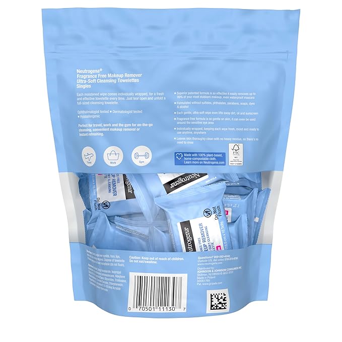 Neutrogena Fragrance-Free Makeup Remover Wipes Singles, Individually Wrapped Face Towelettes, Gently Remove Dirt, Oil, Waterproof Mascara & Makeup, Alcohol-Free Daily Face Wipes, 20 ct (Pack of 12)