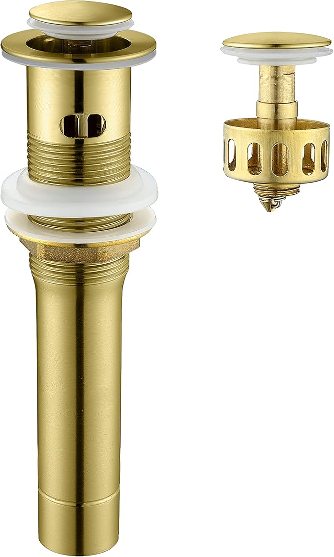 Pop up Sink Drain Stopper for Bathroom Vessel Vanity Sink Art Basin Brushed Gold, Small Cap with Overflow, Metal Pop-up Drain Strainer with Detachable Basket Stopper