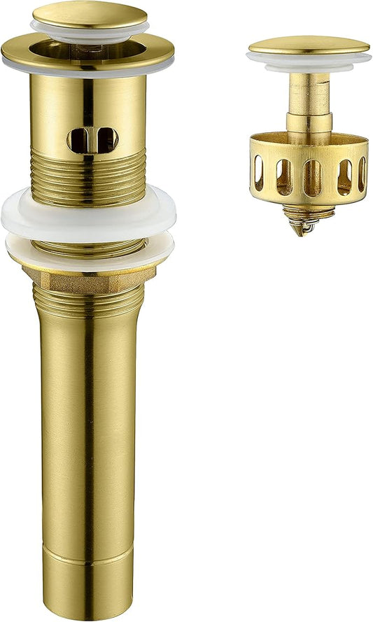 Pop up Sink Drain Stopper for Bathroom Vessel Vanity Sink Art Basin Brushed Gold, Small Cap with Overflow, Metal Pop-up Drain Strainer with Detachable Basket Stopper