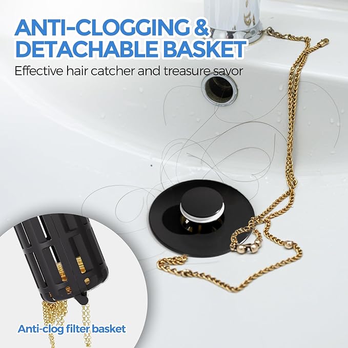 zaa Bathroom Sink Drain Strainer - Bathroom Sink Stopper, 2Pack Pop Up Sink Stopper with Removable Filter Strainer Basket for US Standard Bathroom Sink, Drain Plug Filter Replacement, Black