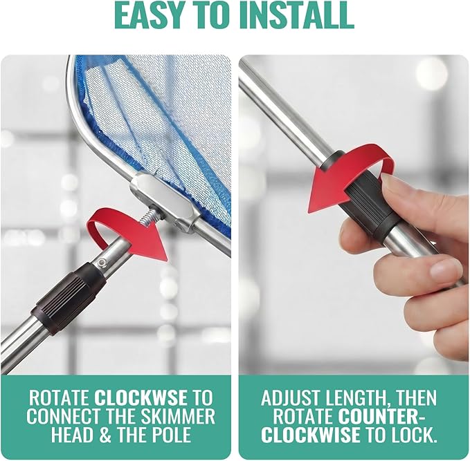36" Hot Tub Pool Skimmer Net with Pole All-Metal Aluminum Frame & Handle for Small Above Ground Pools - Lightweight Pool Skimmer Net for Daily Leaves Bugs Removal Easy Cleaning, Retro Silver