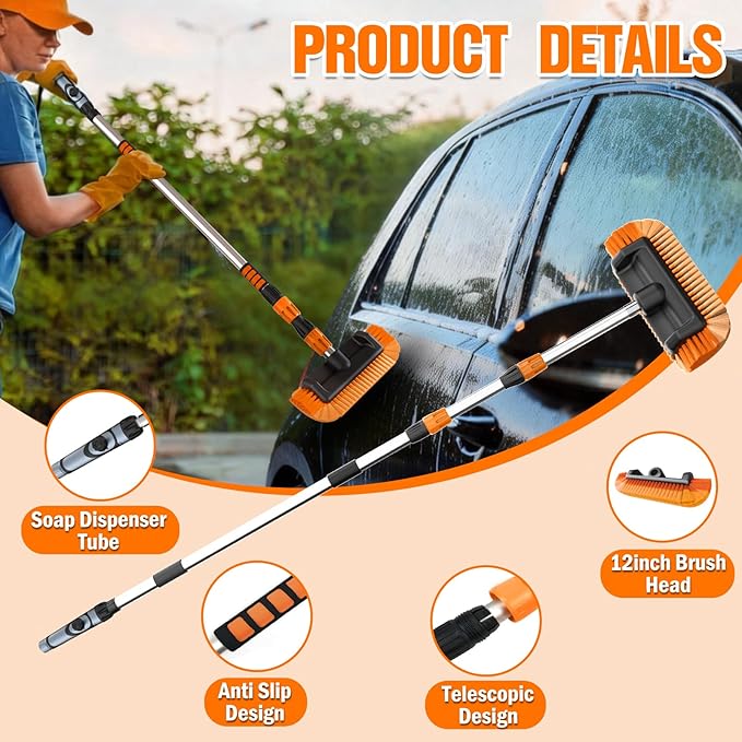 12FT Car Wash Brush with Long Handle, Car Cleaning Brush with 12 Inch Soft Bristle and Soap Dispenser, Solar Panels Cleaner with Telescoping Pole for RV, Truck, Boat, House Siding, Orange
