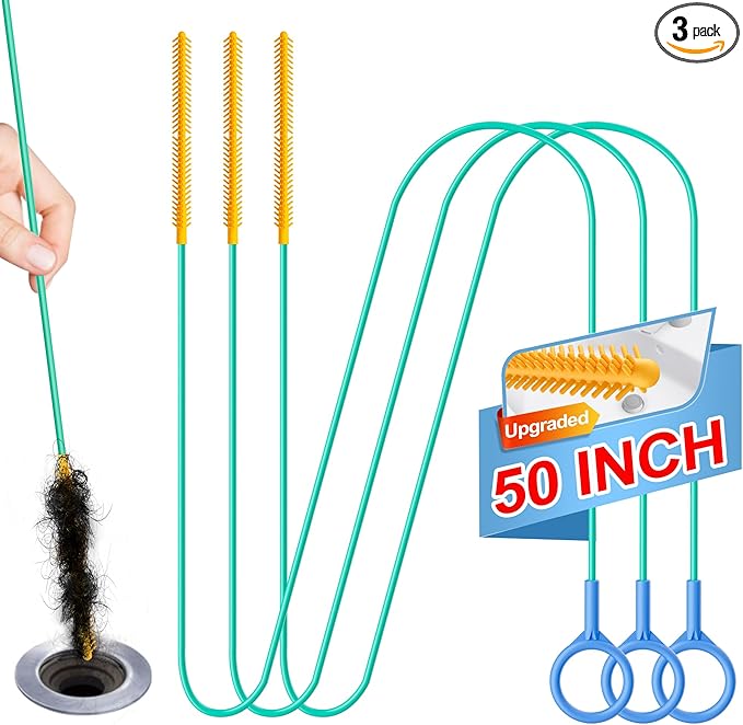 Sink Snake Drain Hair Removal Tool, Reusable 50 Inch Extended Drain Snake Tool Clog Remover, Anti-break Metal Shower Plumbing Snake Drain Cleaner for Bathtub, Bathroom Sink Pipe Cleaning (3 Pack)