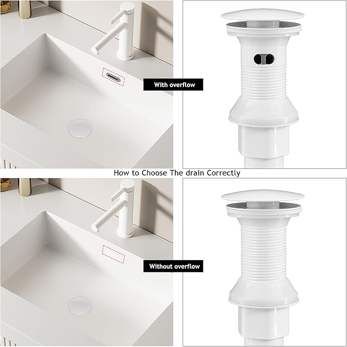 Bathroom Sink Drain,2 Pack White Drain Stopper Bathroom Sink Without Overflow,Pop Up Drain Assembly with Detachable Strainer Basket,Built-in Anti-Clogging, Stainless Steel Nut