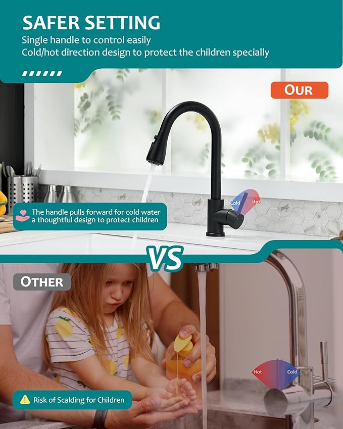 Black Kitchen Faucet with Pull Down Sprayer for RV Sink, VFAUOSIT Kitchen Sink Faucet Stainless Steel Laundry Single Handle Pull Out Kitchen Faucets Matte Black, Grifo para Fregaderos de Cocina