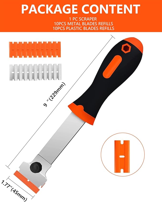 Razor Blade Scraper, Long Handle Scraper Tool with 10 Plastic and 10 Metal Blades - Ideal for Removing Labels, Stickers, Appliance Grease, and More from Windshields, Tint, and Glass (Orange)