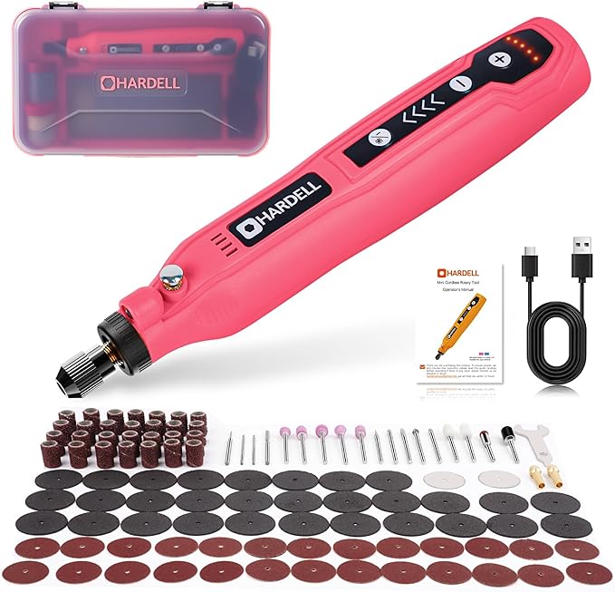 HARDELL Mini Cordless Rotary Tool, 5-Speed 3.7V Rechargeable Rotary Tool Kit with 129Accessories, USB Charging Multi-Purpose DIY Tool for Sanding, Polishing, Drilling, Engraving, Woodworking(Pink 129)