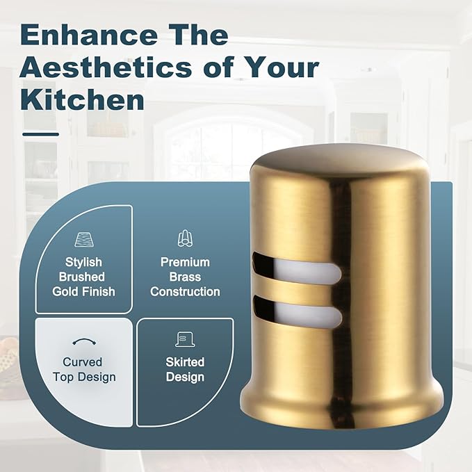 Dishwasher Air Gap Cover for Kitchen, Solid Brass Air Gap Cap with Skirted Design, Dishwasher Overflow Vent Cap Replacement Only, Brushed Gold