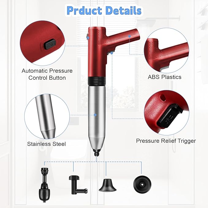 Electric Toilet Plunger with Real-time Barometer, Unclog in 1 Shot, High Pressure Toilet Plunger Drain Clog Remover Perfect for Bathroom, Floor, Shower, Kitchen Clogged (Red-Electric)