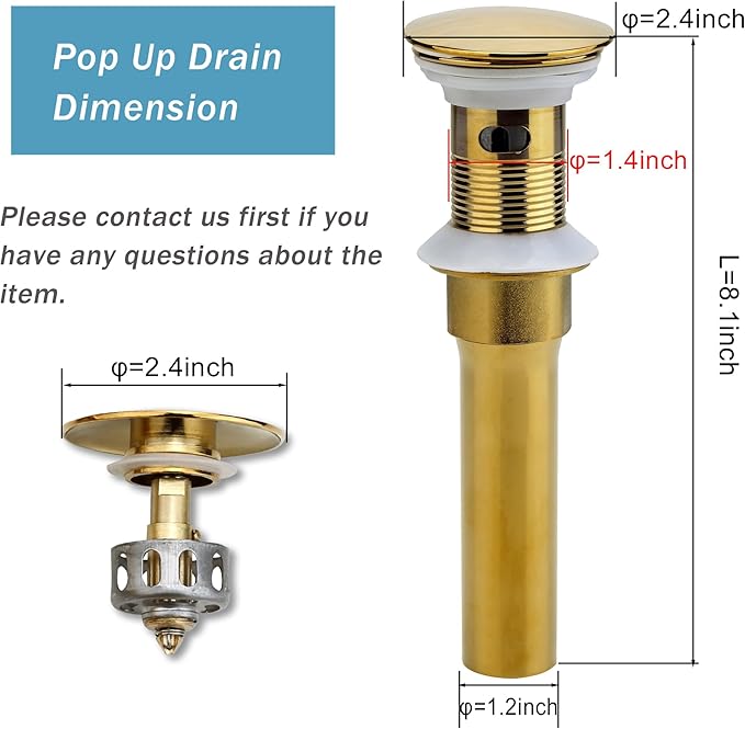 Bathroom Sink Drain, Gold Drain Stopper Bathroom Sink with Overflow,Pop Up Drain Assembly with Detachable Strainer Basket,Built-in Anti-Clogging Strainer,Stainless Steel