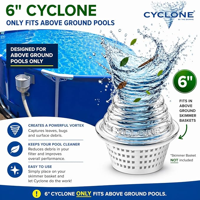 The Skimmie Cyclone 6" (Skimmer Basket NOT Included) - ONLY for Above Ground Pools - Turbocharges Pool Skimmer Water Flow - Improves Pool Surface Cleaning - Essential Pool Accessories