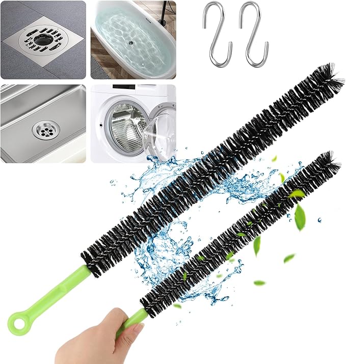 2 Pcs Drain Clean Brush Set,with 2 S-shape Hooks Extended Dryer lint Removal Brush Drain Clog Remover for Toilet, Kitchen Sink, Sewer Drain, Bathroom Tub(size:16 inch)