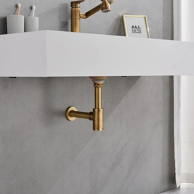 MENATT Solid Brass Bathroom Sink Stopper P-Trap Complete Set, Adjustable Bathroom Bottle Trap Sink Drain Kit and Pop Up Drain Without Overflow, Antique