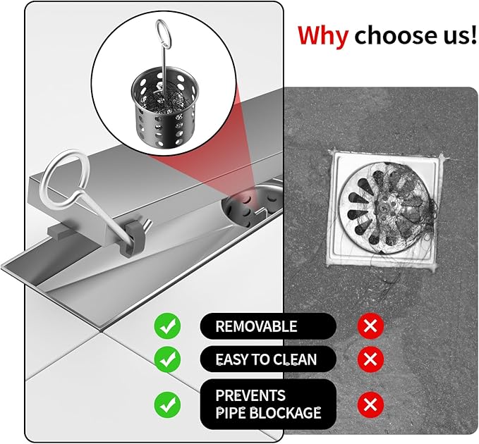 Linear Shower Drain, 304 Stainless Steel with Adjustable Leveling Feet, Hair Strainer,Reversely Install Place to Create an Invisible Floor Drain - Silver -16-Inch