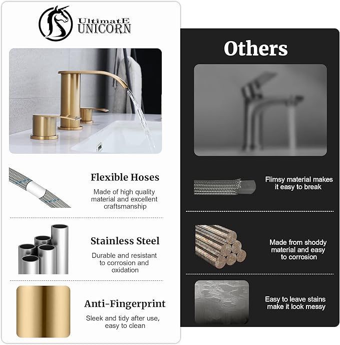 Ultimate Unicorn 8 inch Bathroom Faucet Champagne Bronze, Waterfall Bathroom Sink Faucet with Metal Pop-up Sink Drain Stopper and 2 Supply Hoses, DJS-MP-3JT-CG-PB-C