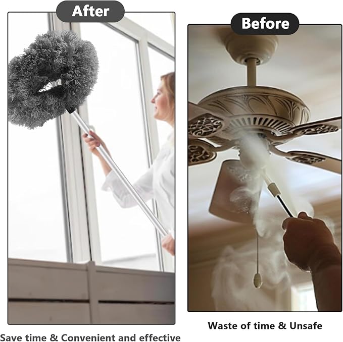 LUCKY-M Ceiling Fan Cleaner Duster, Removable Microfiber Ceiling Fan Blade Cleaner Reusable Duster with Extension Pole Adjusts 13 to 57.1 in for Cleaning Bookshelves Wall Door Window Top(Grey)
