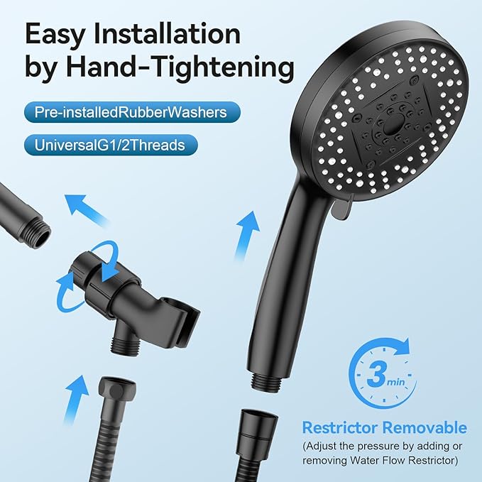 VOXON Shower Head 10 Functions, High Pressure Handheld Shower Head, Built-in 2 Power Wash Mode to Clean Corner, Non-Clogging Nozzles, Leakproof Stainless Steel Hose&Metal Bracket, Black