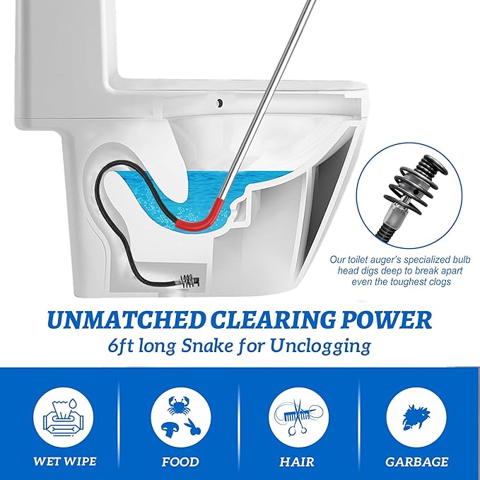 6 Ft Toilet Auger Snake Model K-6P 56658 Toilet Snake for Unclogging with 6-Foot Snake and Bulb Head, Heavy Duty Auger Snake for Unclogging Toilets for Home, Office, School, More