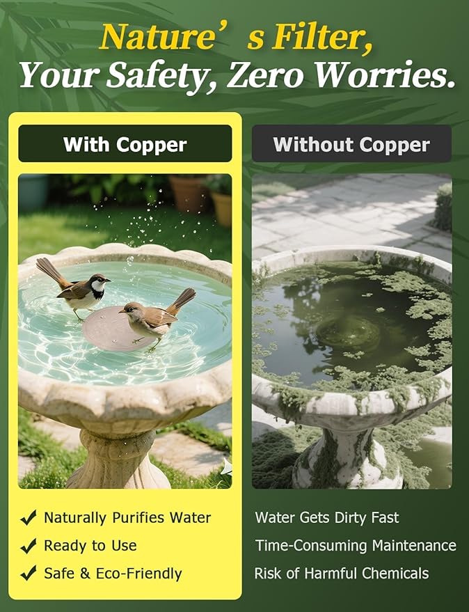 Mellbree 2-Pack Bird Bath Copper Disk, 0.6mm Reinforced 99.99% Pure Copper Cleaning Disk with Triple-Point Support for Physical Safe Clean Water, Universal Fit for Outdoor Birdbaths, Bowl (Flower)