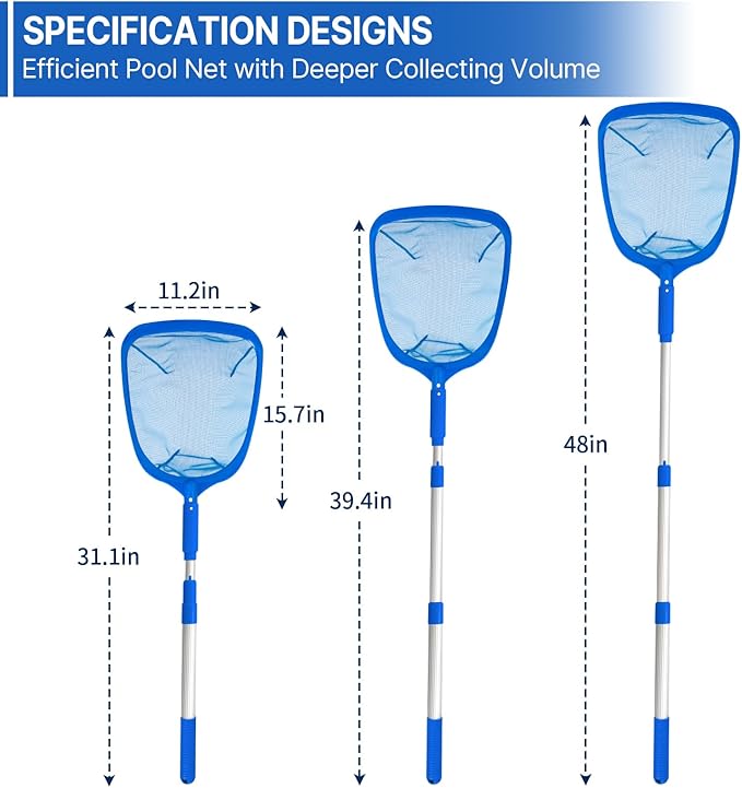 Pool Skimmer - Pool Net with 3 Section Pole, Pool Skimmer Net with Fine Mesh Net, Telescopic Aluminum Pole, Plastic Frame Ultra-fine Pool Skimmer for Ponds, Fish Tank, Hot Tub