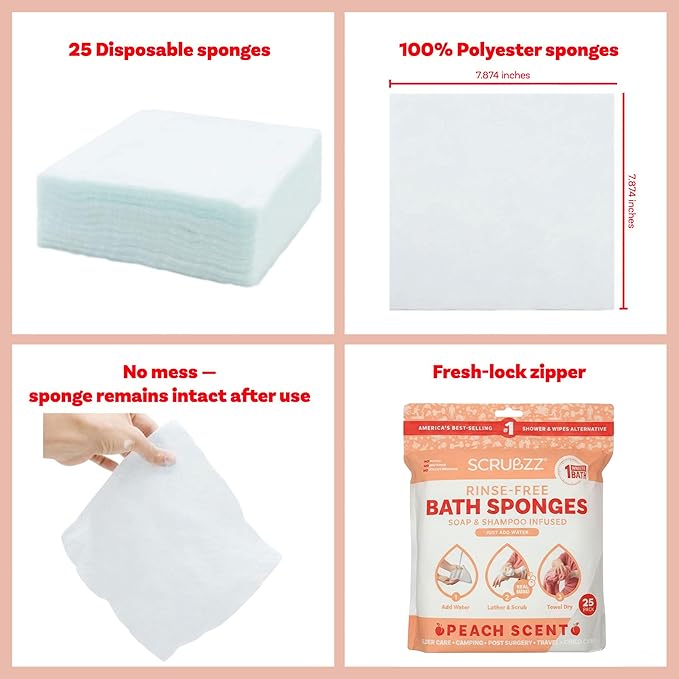 Scrubzz Disposable No Rinse Bathing Wipes for Sensitive Skin - All-in-1 Single Use Shower Wipes, Simply Dampen, Lather, and Dry Without Shampoo or Rinsing (Peach, 4-Pack)