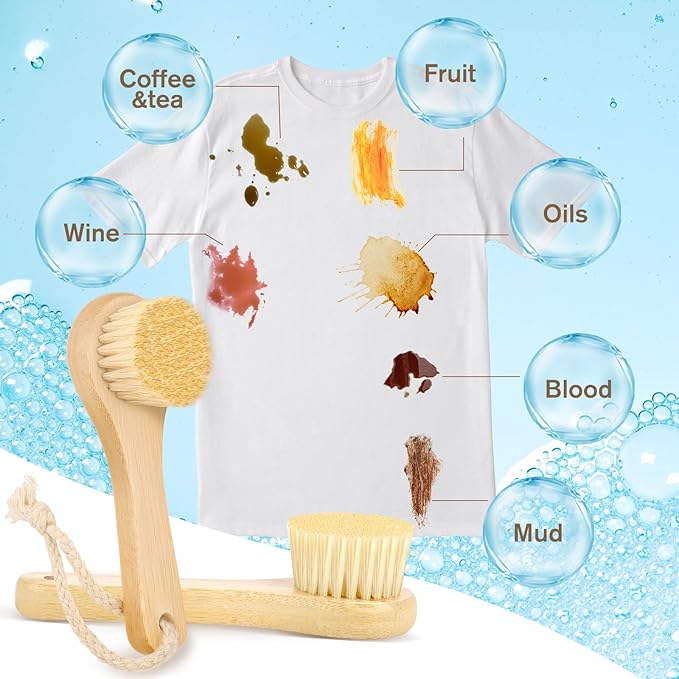 2Pack Laundry Stain Brush with 2Pack Metal Hook, Natural Soft Boar Bristle Scrubber, No Damage for Cleaning Tough Stains on Delicate Fabrics, Shoes, Cotton, Linens