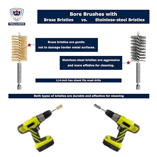 16-PC Bore Brush Set [8-Size X 2 Sets] Stainless-Steel and Brass Wire Brushes for Power Drill, Metal Brush, Cleaning Tool, 1(1/8), 1.0, 7/8, 3/4, 5/8, 1/2, 3/8, 1/4-inch Diameter, w/ 1/4-in Hex Shank