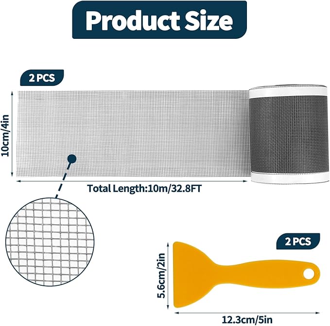 2 PCS 4 Inch x 33 FT Disposable Shower Drain Screen Self-Adhesive Stickers, with Cleaning Shovel, Showers Drain Hair Catcher, Shower Drain Mesh Stickers for Bathroom Kitchen Sink
