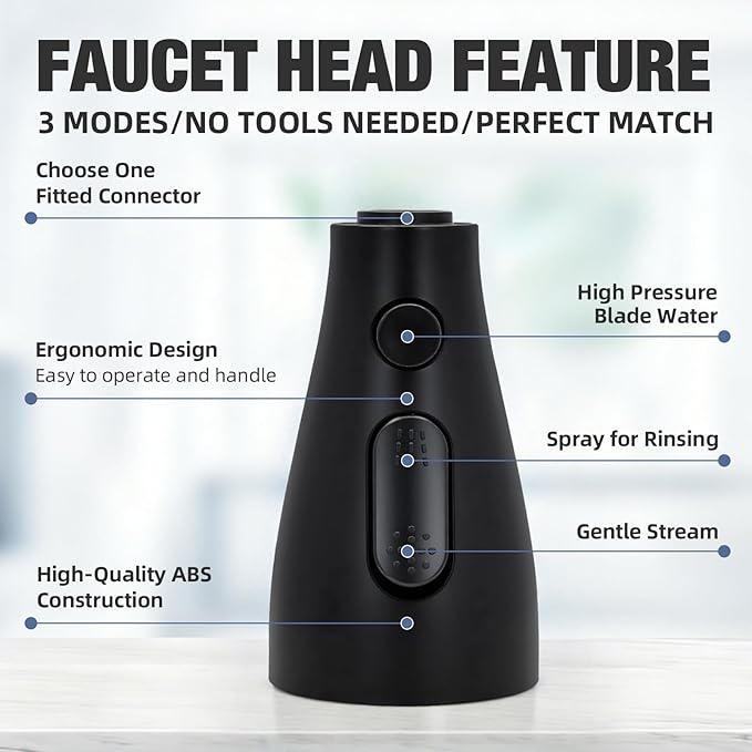 Kitchen Faucet Head Replacement, 3-Function Pull Down Spray Head with 9 Adapters, Sink Faucet Spray Head Compatible with Moen, Delta, American Standard Faucet, etc, Matte Black