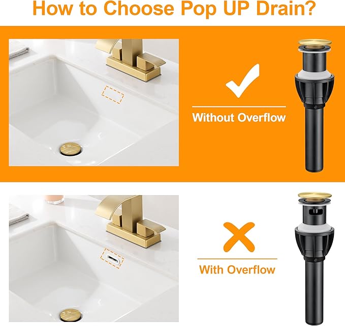 Vessel Sink Drain Without Overflow, Plastic Bathroom Pop up Sink Drain Fit for 1 3/4 Inch Vessel Sink, Built-in Anti Clogging Sink Stopper, Brushed Gold