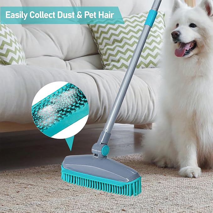 Rubber Broom Carpet Rake for Pet Hair Remover, Fur Remover Broom with Squeegee, Portable Detailing Lint Remover Brush, Pet Hair Removal Tool for Fluff Carpet, Hardwood Floor, Tile, Window (Grey&Blue)
