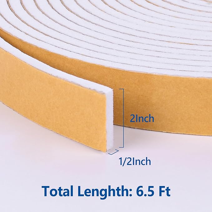 Kikerike Self Adhesive Foam Tape Weatherstrip 2in x 1/2in x 6.5Ft High Density Foam Insulation Strips Seal Weather Stripping with Strong Adhesive for Door and Window Sound Isolation Soundproofing