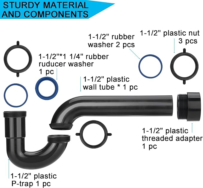 (2 Pack) Yariwiz Black 1-1/2 inch P Trap for Bathroom Kitchen Sink Drain Replacement Tubular Plumbing Pipe Assembly KSD-001B(2 PACK)