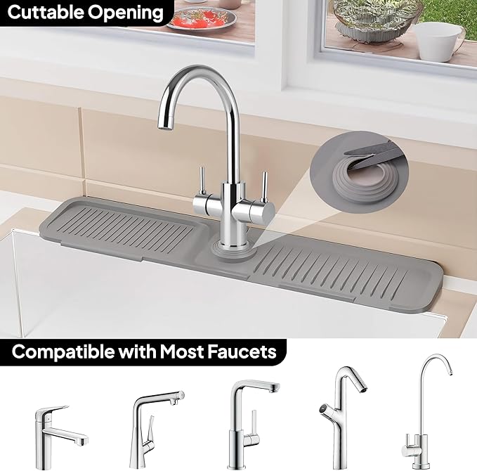 24 Inch Silicone Faucet Mat for Kitchen Sink Splash Guard & Draining Tray Sink Protector with Soap & Sponge Holder Grey (Purest Peak)