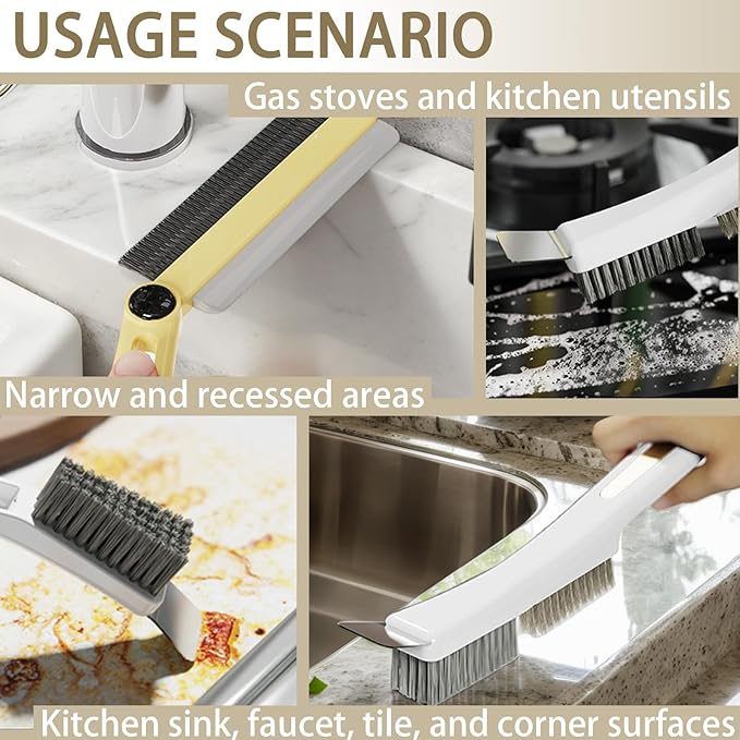 Crevice Cleaning Brushes with Rotatable Handle, Wire Nylon Scrub Brush with Stainless Steel Scraper, Grout Brush for Kitchen Stove Sink Tiles Corners Range Hood Door Window Track, 2 Pcs
