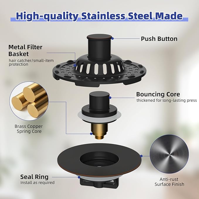 Metal 2 Pack Bathtub Drain Stopper with Top Hair Catcher, 3 in 1 Pop-up Bathtub Strainer, Tub Stopper with Detachable Stainless Steel Filter Basket for Standard 1.5 to 2.4'' Drain, Oil-Rubbed Bronze