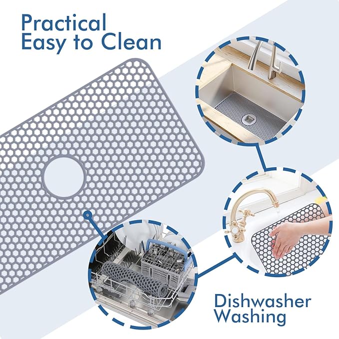 Silicone Sink Protectors for Kitchen Sink with Center Drain - 29.7"x 15.5" Kitchen Protector Accessory, Non-Slip Heat Resistan Mat for Bottom of Farmhouse Stainless Steel Porcelain (Gray)