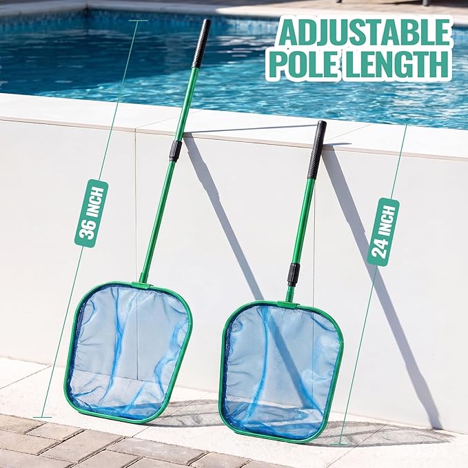 36" Hot Tub Pool Skimmer Net with Pole All-Metal Aluminum Frame & Handle for Small Above Ground Pools - Lightweight Pool Skimmer Net for Daily Leaves Bugs Removal Easy Cleaning, Metal Green