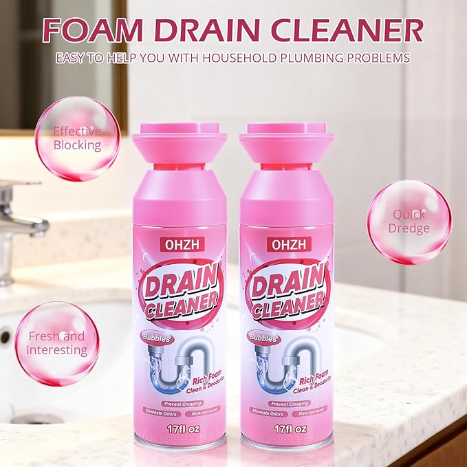 Foaming Drain Cleaner,Drain Clog Remover –Sink Cleaner and Deodorizer,Foaming Cleaners for Kitchen, Sinks, Shower Drains,Tub (2pcs)