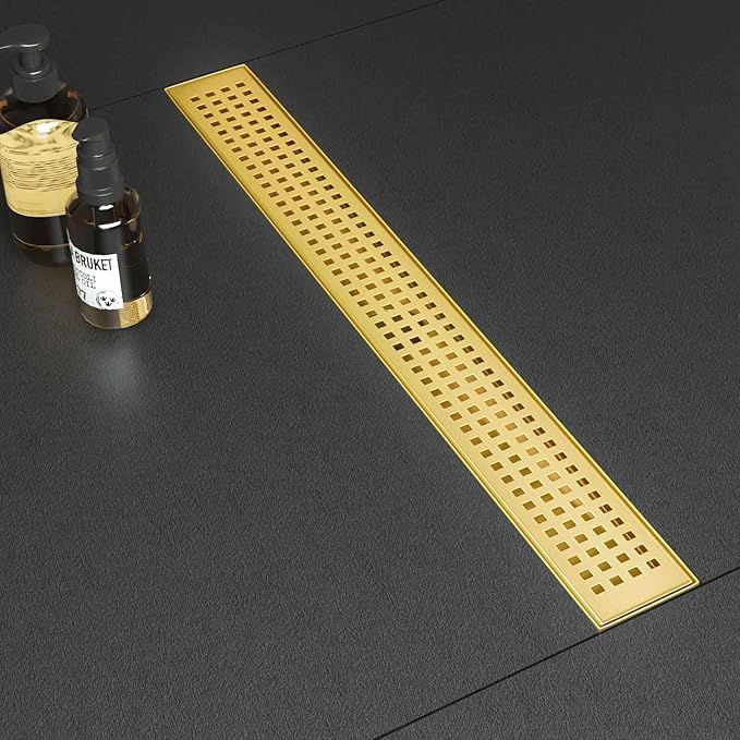 SaniteModar Linear Shower Drain, Gold Shower Drain 60 inch with Removable Grate, Brushed 304 Stainless Steel Shower Floor Drain Include Hair Catcher and Leveling Feet