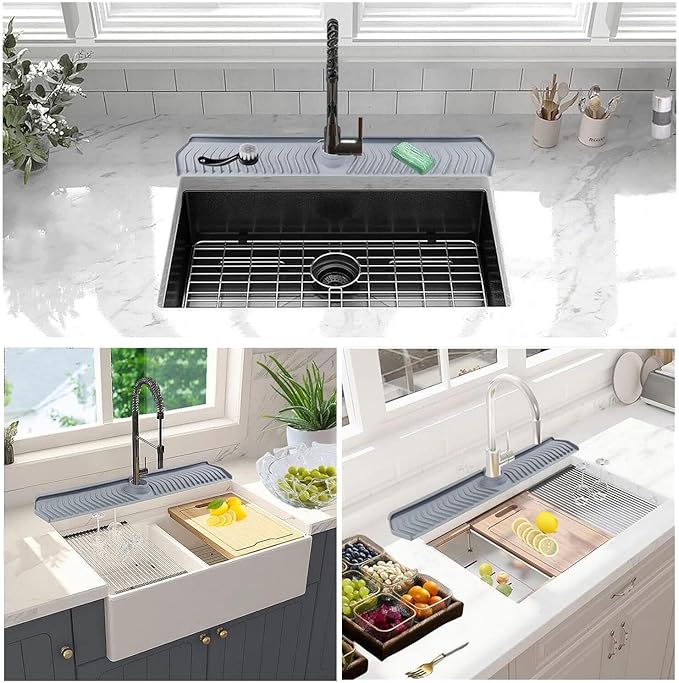 Large Size Kitchen Sink Splash Guard, 30"Silicone Faucet Handle Drip Catcher Tray Mat for for Kitchen Countertop, Bathroom, Farmhouse (Black, 30" x 5.7")