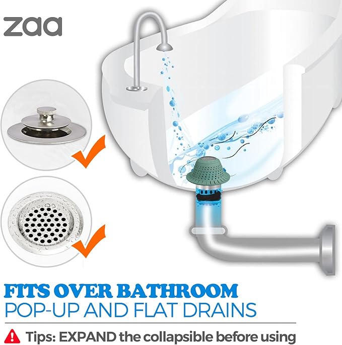 zaa Bathtub Drain Hair Catcher, Premium Silicone Collapsible 2 Pack Drain Protector for Pop-Up & Regular Drains of Shower, Bathtub, Tub, Bathroom, Sink, Gray Green