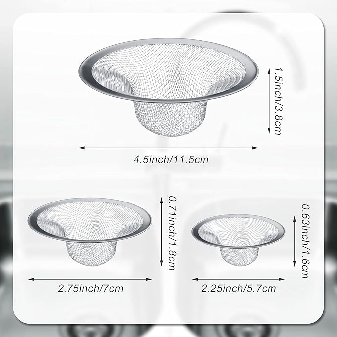 12 Pieces Stainless Steel Sink Strainer Drain Strainer with 4.5/2.75/2.25 Inch for Sink Drainage Kitchen Bathroom Bathtub Drain Screen