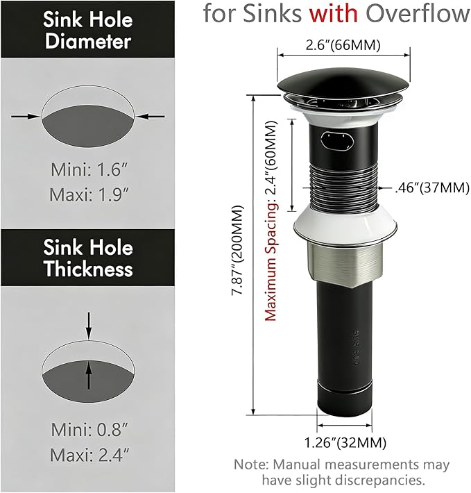 Bathroom Sink Drain, with Overflow, Pop up Sink Drain Stopper with Strainer Plug for Vessel Sink Lavatory Vanity, SUS 304 Stainless Steel, Matte Black